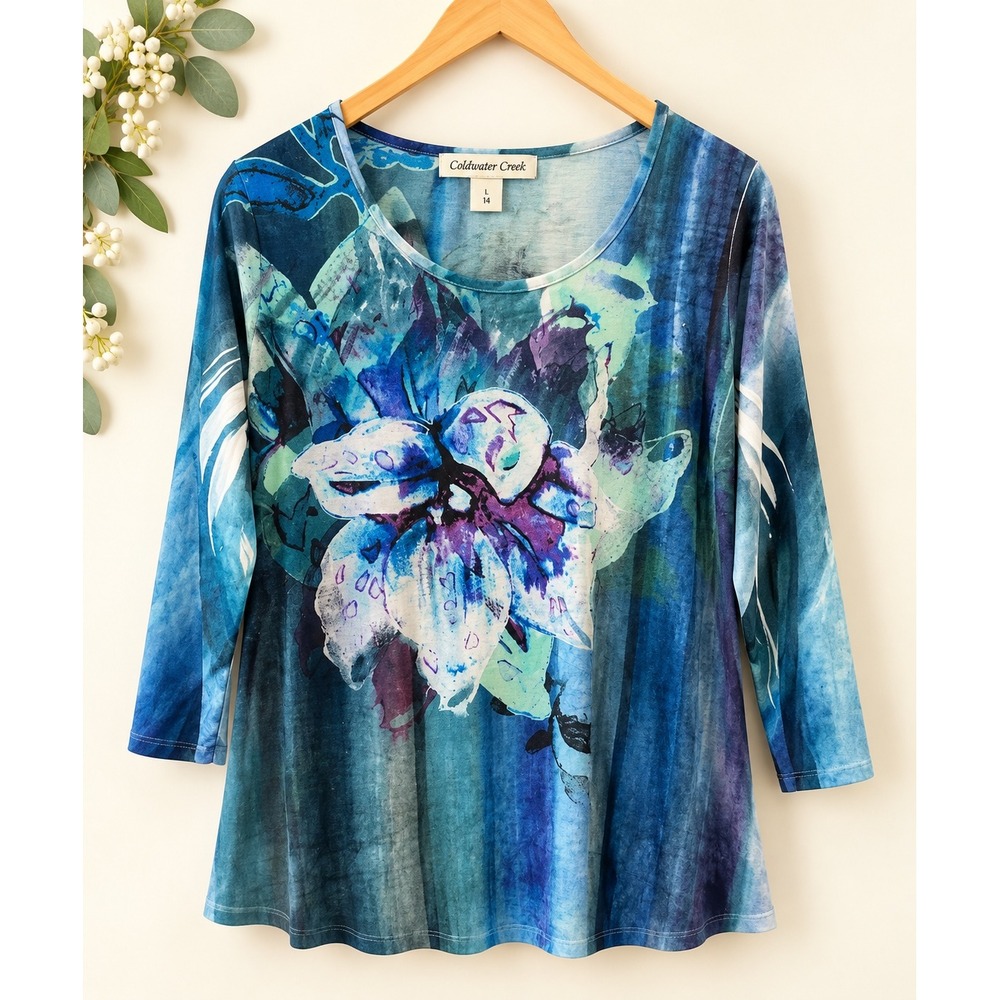 Coldwater Creek Womens L 14 Blue Floral Abstract 3/4 Sleeve Scoop Neck Top USA